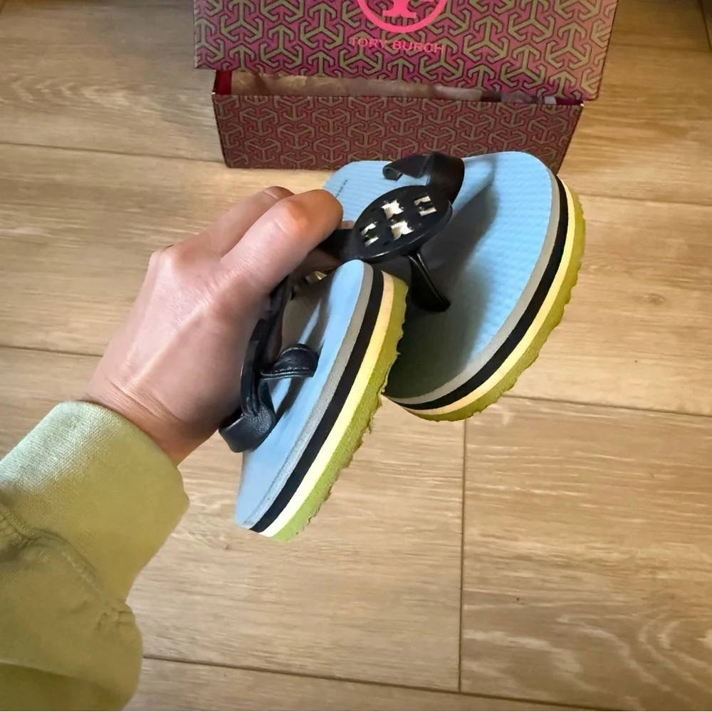 Tory Burch Minnie Flip Flop Napa Leather Black Blue White Shoe Sandal Slip on 7 - Picture 6 of 11